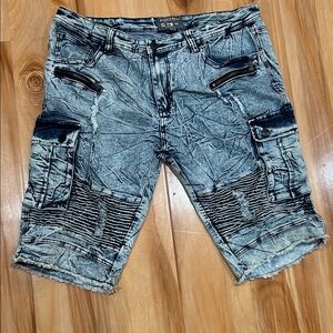 Men's Distressed Denim Cargo Shorts - Light Blue